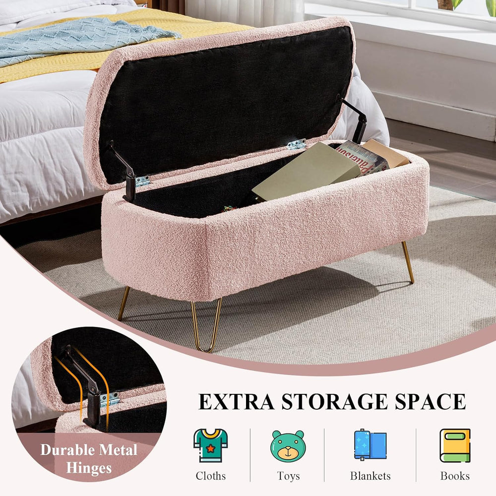 Modern Storage Ottoman Bench, Teddy Upholstered Entryway Bench with Gold Legs...