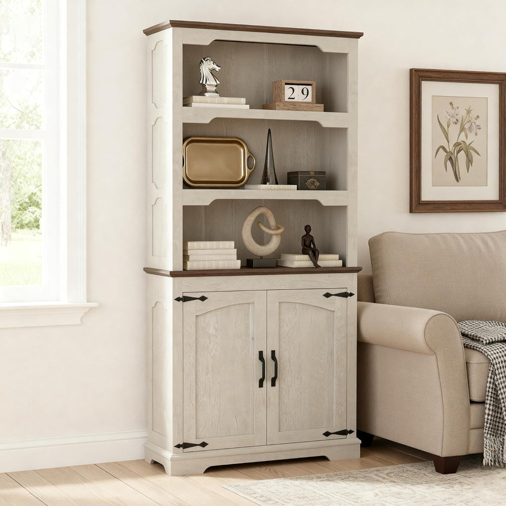 70 Inches Farmhouse Bookcase Bookshelf, Two-Tone Shelves, 5 Tier Bookshelf wi...