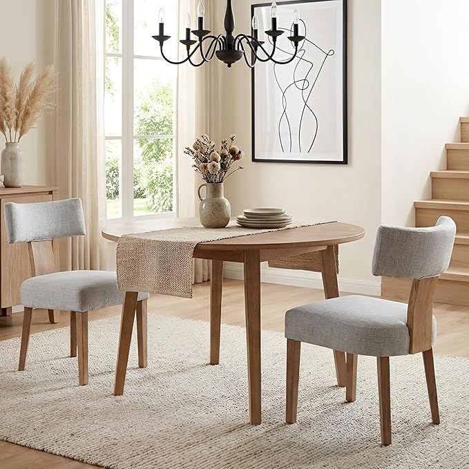 HNY Mid Century Modern Dining Chairs, Farmhouse Linen Fabric Upholstered Accent Chair Curved Backrest Kitchen Chairs Set of 2, with Hardwood Frame, Grey