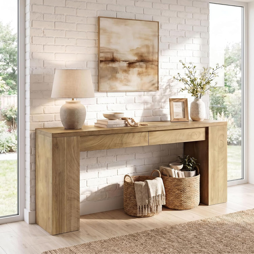 Tribesigns 78.7-Inch Extra Long Console Table for Entryway, Narrow Sofa Table Behind Couch for Living Room, Farmhouse Entrance Entry Table for Foyer with Wooden Double Base, Natural Oak