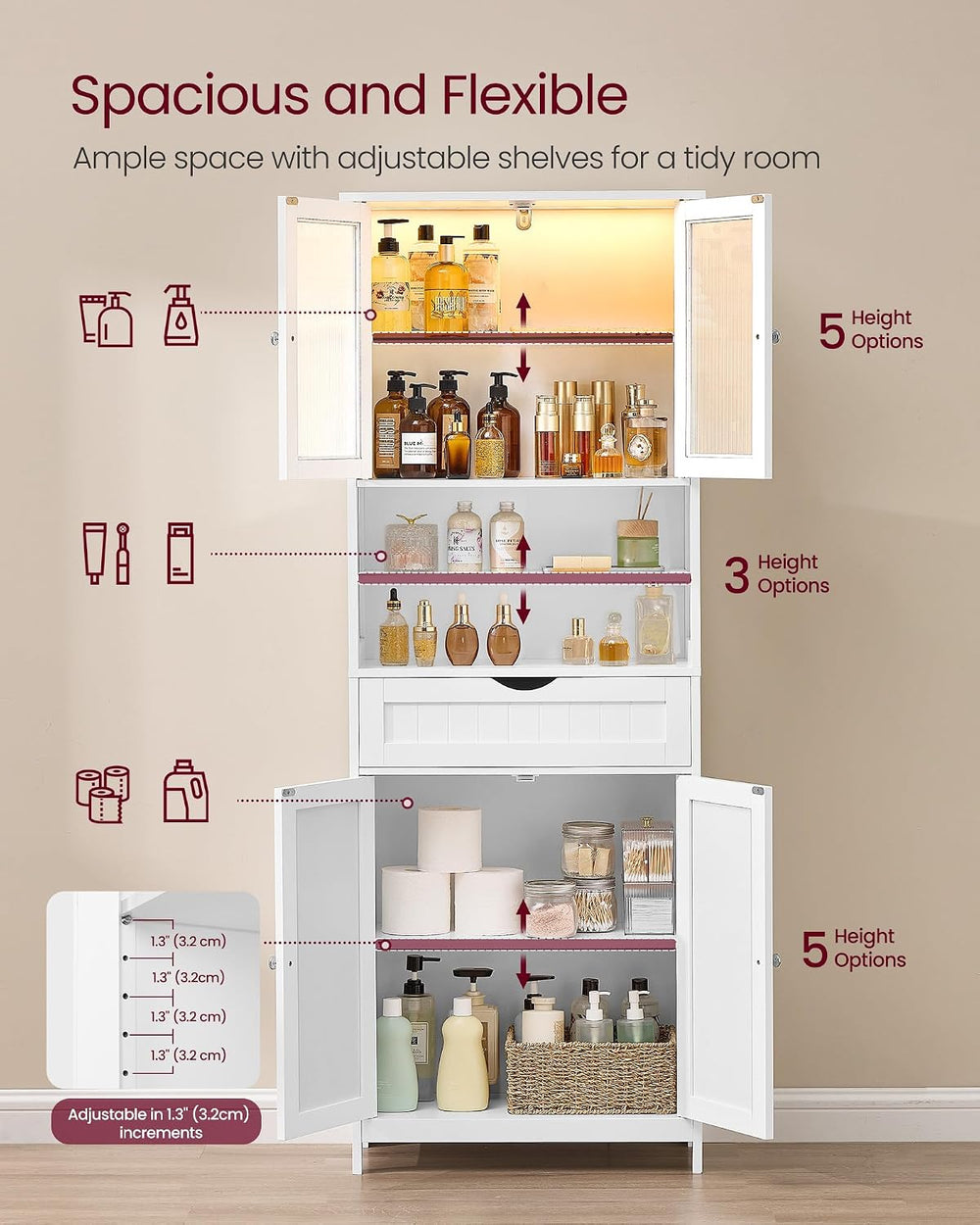 VASAGLE Storage Cabinet with LED Lights, Freestanding Storage Unit with Adjus...