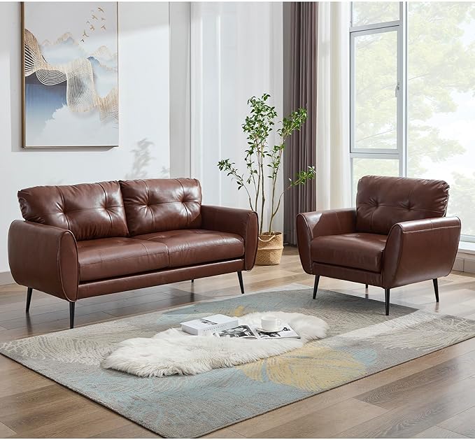 TYBOATLE Sofa Couch 61" Small Loveseat Couches for Living Room Leather Couch Mid Century Modern Tufted Mini Sofa Comfy Office 2 Seat Settee Love Seat Bedroom (2, Brown)