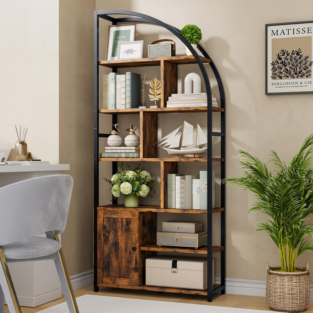 Jehiatek 71" Arc Gold Bookshelf with Storage Cabinet, Tall 6 Tiers Industrial Bookcase with Sturdy Metal Frame, Geometric Book Shelf for Lving Room, Home Office, Black and Brown