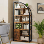Jehiatek 71" Arc Gold Bookshelf with Storage Cabinet, Tall 6 Tiers Industrial Bookcase with Sturdy Metal Frame, Geometric Book Shelf for Lving Room, Home Office, Black and Brown