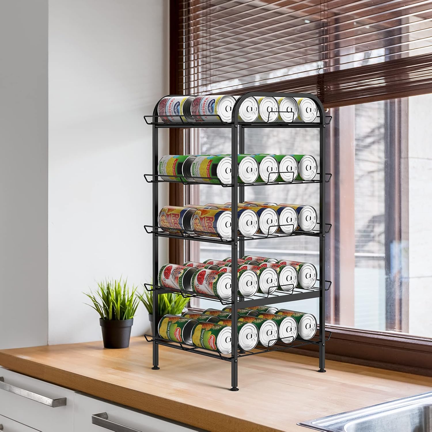Water Bottle Organizer 5 Tier FreeStanding Water Bottle Storage Shelf Adjustable Water Bottle Holder Stand Metal Beverage Can Rack for Pantry Kitchen Party Black