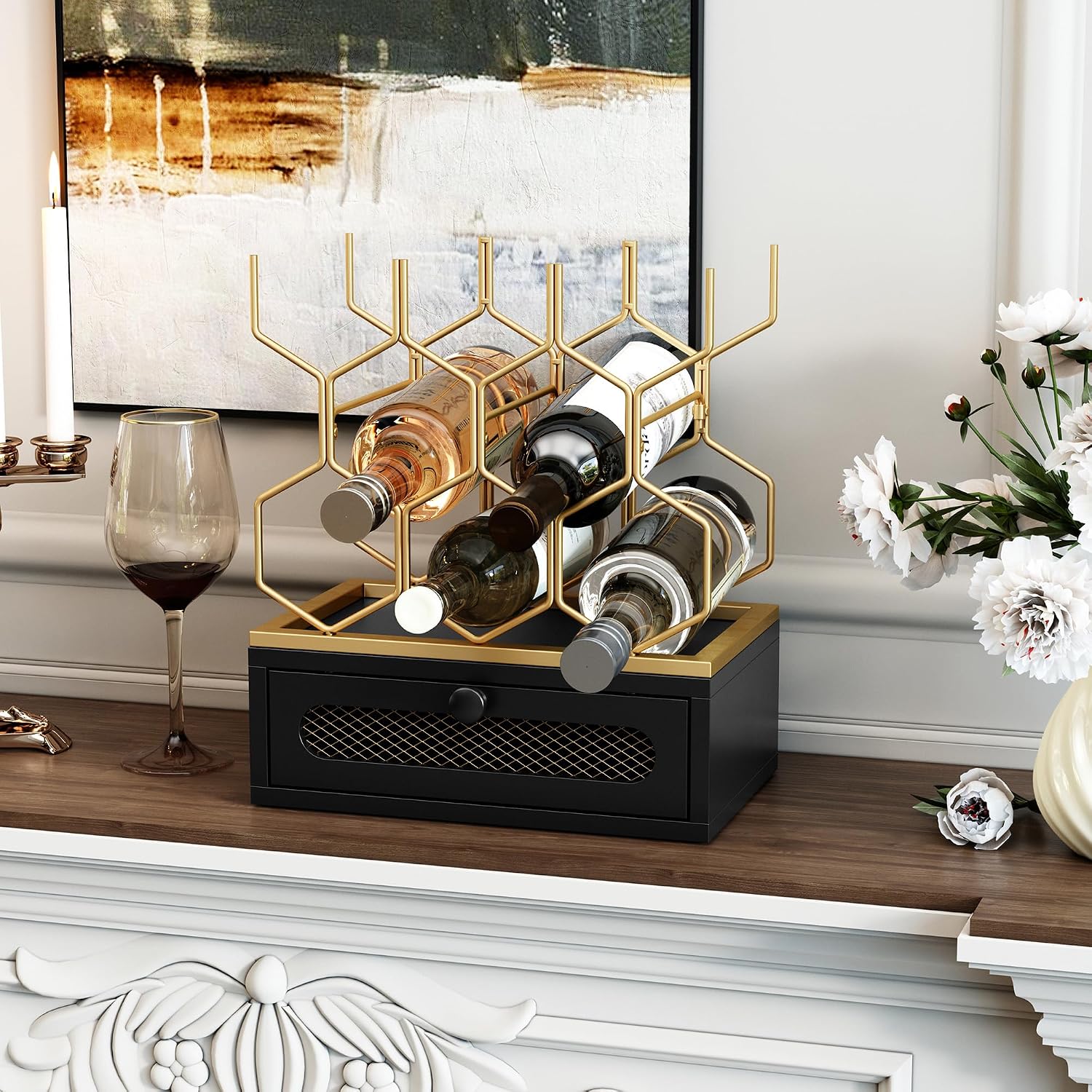 HOLTICO Countertop Wine Rack with Drawer, 8-Bottle Black & Gold Wine Holder | Black Gold Vintage Hexagon Metal Wine Holder and Bottle Rack, Vintage Small Wine Storage Racks for Tabletop, Kitchen, Bar