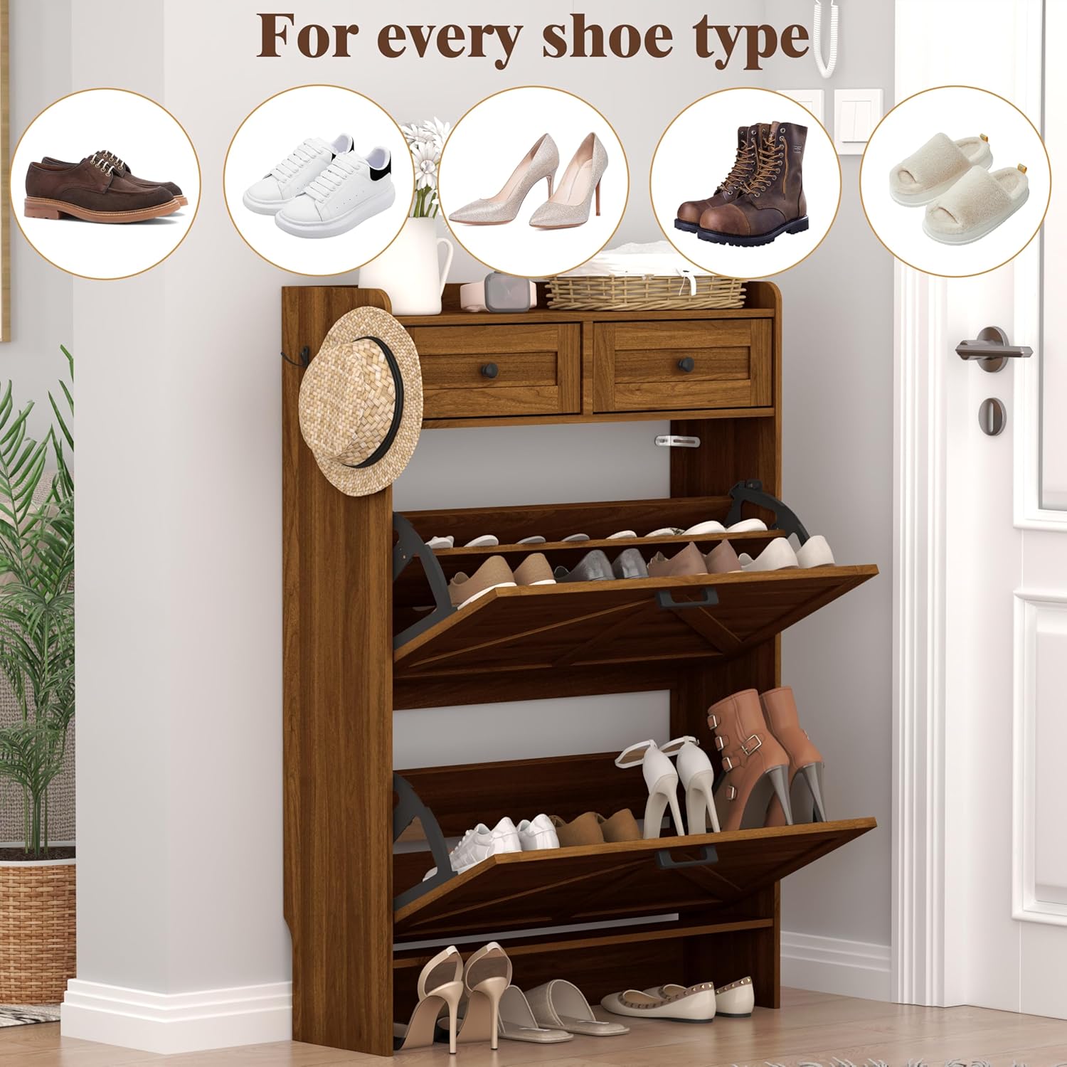 Thacuok Shoe Cabinet with 2 Flip Drawers & 2 Storage Drawers, Rustic Farmhouse Narrow Shoe Organizer Cabinet, Slim Shoe Rack Cabinet, Shoe Storage Cabinet for Entryway, Hallway