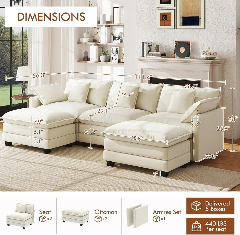 WorthFurni 111.4" Modular Sectional Sofa, U Shape Cloud Couch with 2 Mov...
