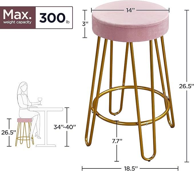 Yaheetech Bar Stools Set of 2, Velvet Round Counter Stools, Backless Counter Height Bar Chairs with Golden Legs for Kitchen Dining Room Pub Cafe, Pink
