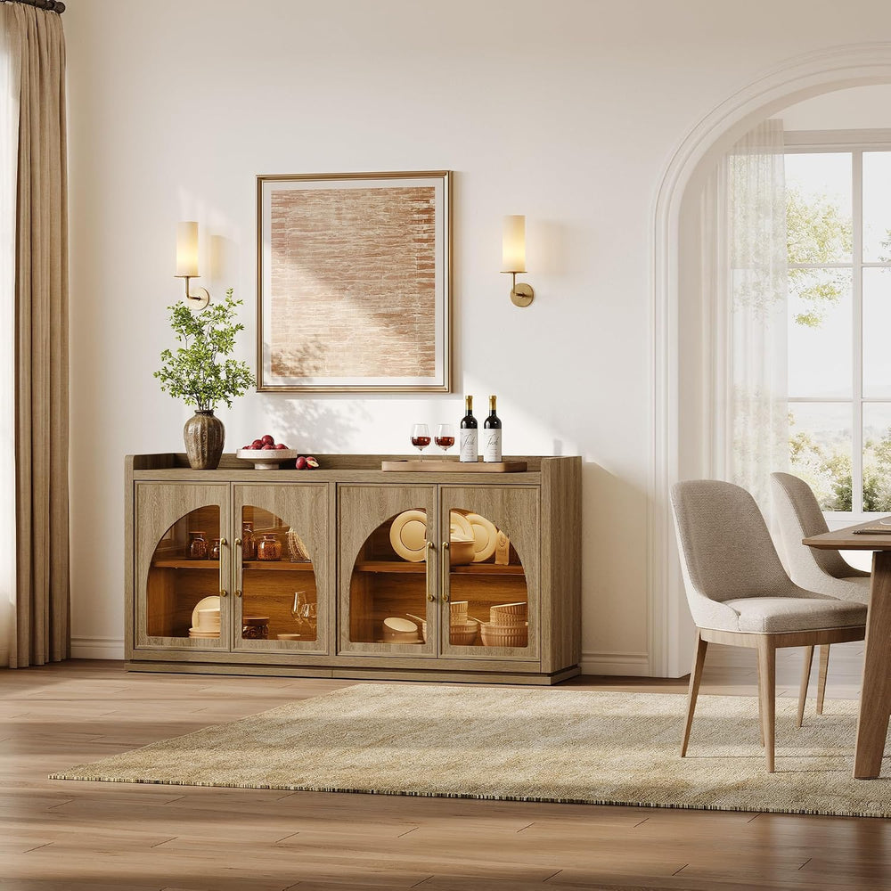 SICOTAS Sideboard Buffet Cabinet with Storage, LED Lights, Arch Glass Doors