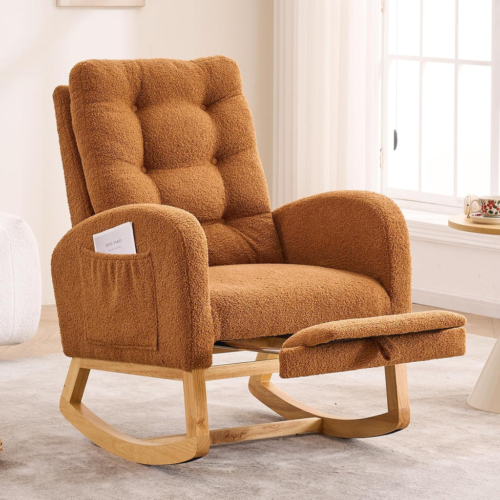 Nursery Rocking Chair,Rubber Wood Base Glider Rocking Chair with Adjustable Footrest and Side Pocket,Teddy Fleece Glider Rocker for Living Room, Bedroom (Teddy Fleece, Caramel)