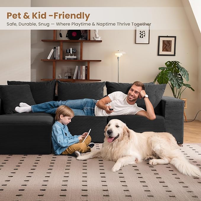 108" L-Shaped Boneless Couch, Modular Sectional Sofa with Moveable Ottoman, Corduroy Cloud Couches for Living Room, No Assembly, Ship in a Box, Black