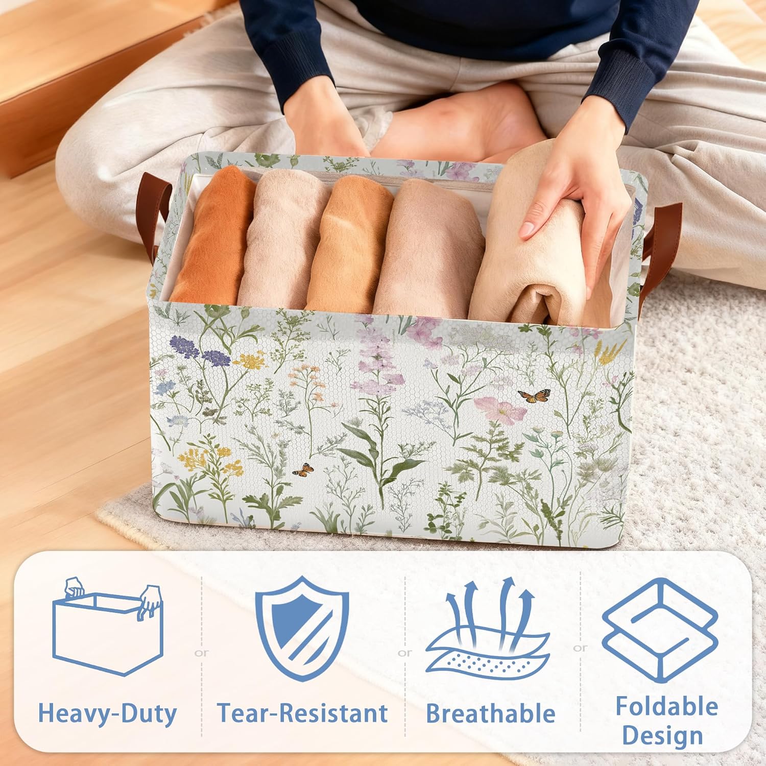 Wildflowers Butterfly Storage Baskets,Plants Botanical Foldable Large Capacity Organizer Bins with Waterproof Lining and Leather Handles for Closet,Shelf,Bedroom 17x11.5x10Inch