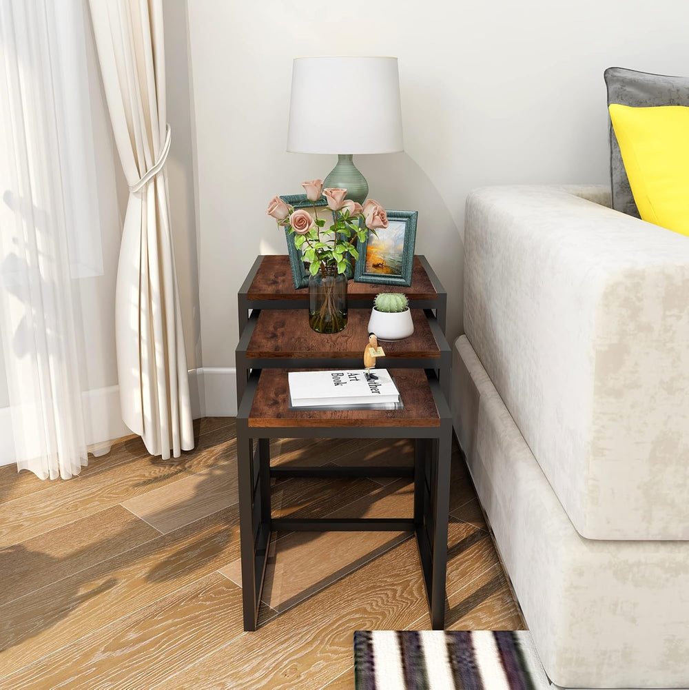Nesting Coffee Table Set of 3, Stacking Metal Side Tables, Brown | Set of 3 N...