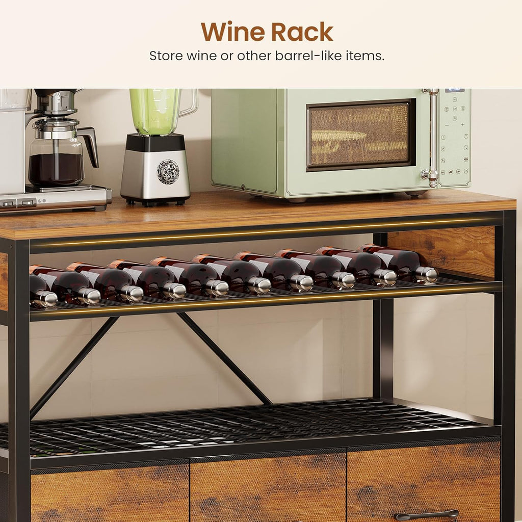 Itaar Bakers Rack with Storage and Power Outlet, 35.4 inch Coffee Bar Cabinet, Microwave Stand Kitchen Cabinet with Hutch, LED Lights, Wine Rack and Hooks, Rustic Brown