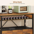 Itaar Bakers Rack with Storage and Power Outlet, 35.4 inch Coffee Bar Cabinet, Microwave Stand Kitchen Cabinet with Hutch, LED Lights, Wine Rack and Hooks, Rustic Brown