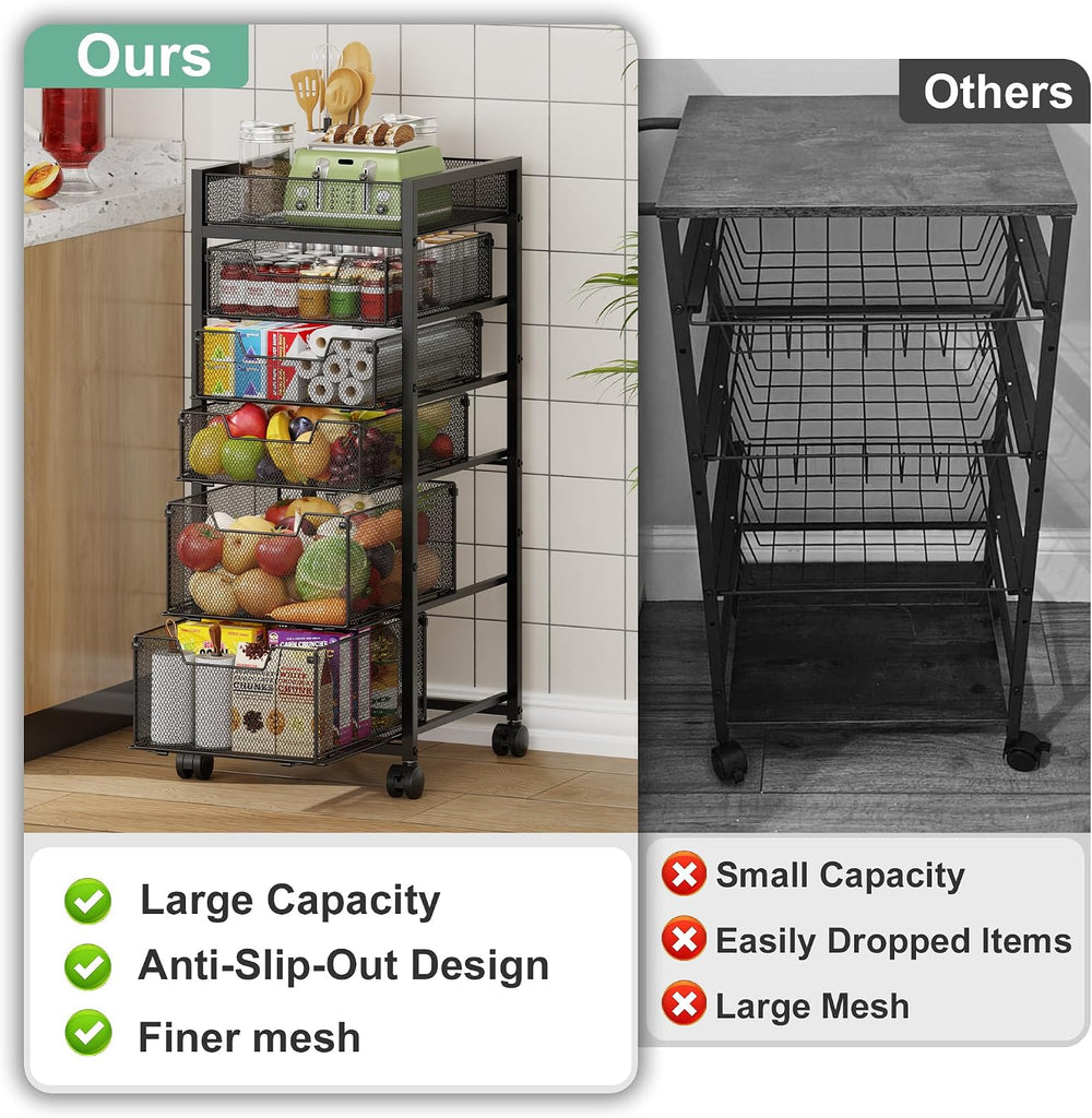 6-Tier Rolling Cart with 5 Drawers & Top Basket, Snack Cart with Wheels |...