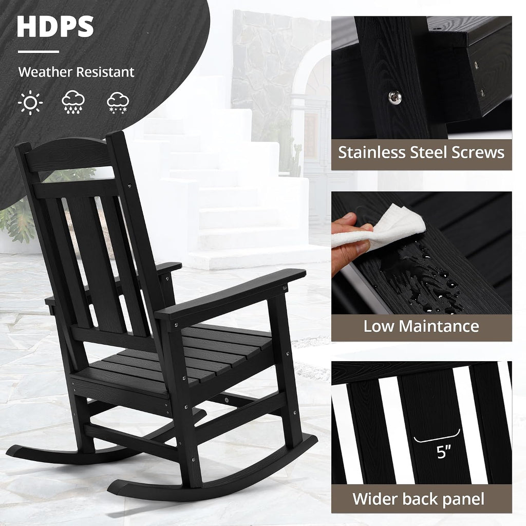 LUE BONA Rocking Chair Outdoor, Weather Resistant Poly Plastic Rocker Chairs, 350lb Heavy Duty, Oversized Porch for Adult, High Back Smooth Chairs Outdoor & Indoor, Black