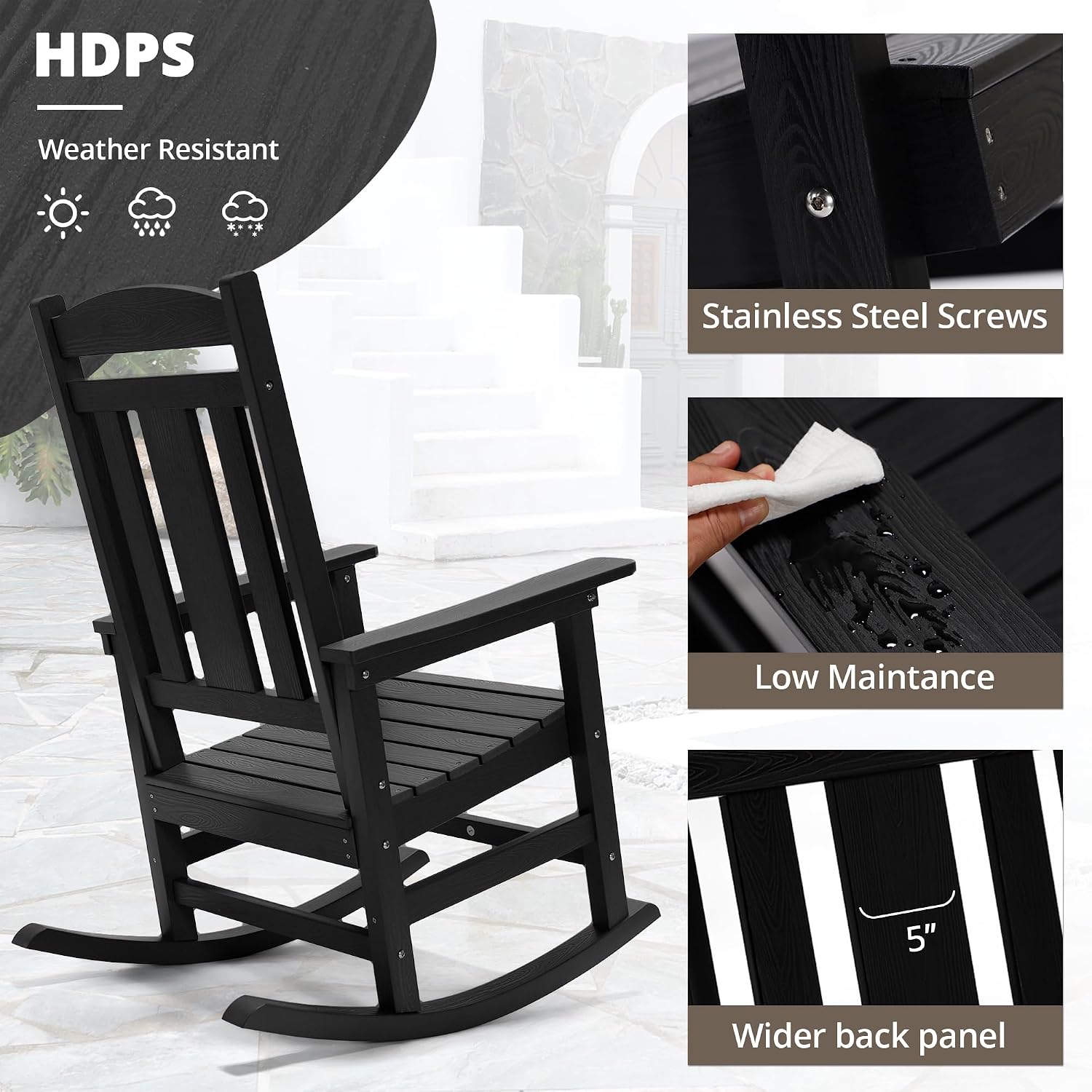 LUE BONA Rocking Chair Outdoor, Weather Resistant Poly Plastic Rocker Chairs, 350lb Heavy Duty, Oversized Porch for Adult, High Back Smooth Chairs Outdoor & Indoor, Black