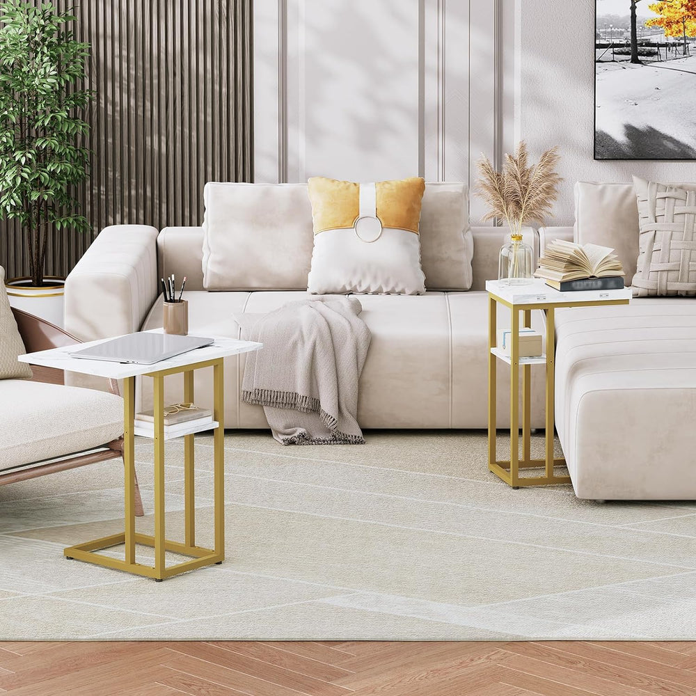 HOOBRO Foldable End Table, Gold C Shaped Side Table with Shelf, Small Snack T...