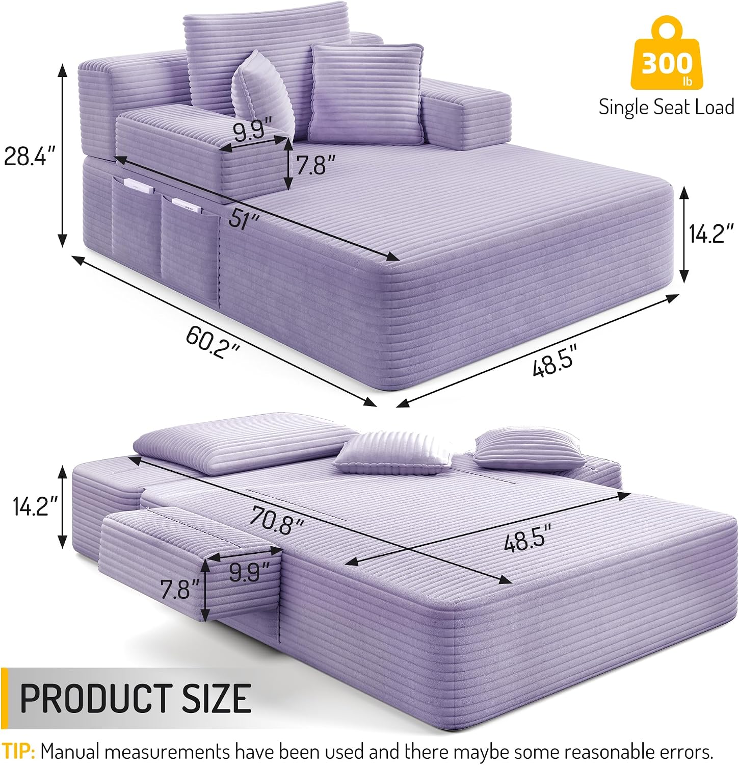 Avenix 70" Boneless Oversized Chaise Lounge Chair Indoor, Corduroy Comfy Oversized Reading Sleeper Chair Boneless Sofa Couch Bed with 3 Pillows, No Assembly Required, Purple