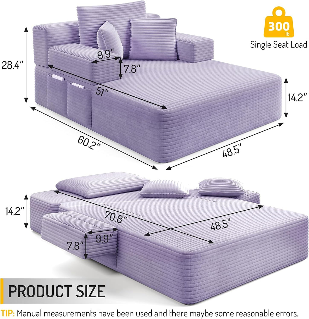 48.5" Boneless Chaise Lounge Chair Sofa Bed Indoor with Zip-Down Convertible Armrests & Backrest, Oversized Cloud Upholstered Compression Sleeper Couch Reading Chairs w/Side Pockets