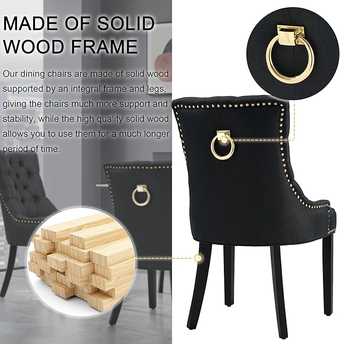 Modern Leisure Linen Dining Chairs Set of 6, Upholstered Dining Chair with Solid Wood Legs, Mid-Century Dining Room Chairs with Pull Ring and Tufted Backrest, Black