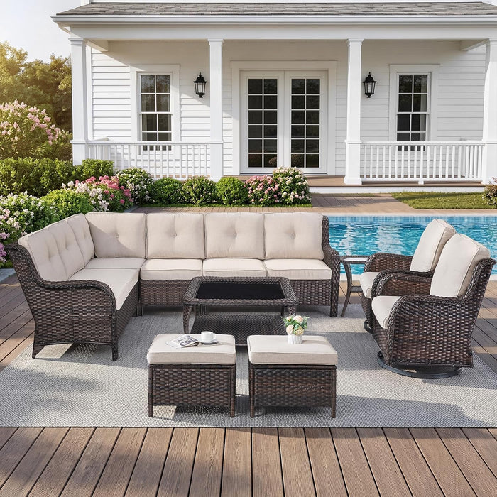 Belord 8 Piece Wicker Patio Furniture Set, Outdoor Swivel Rocker Chairs Set of 2 with Ottomans and Sectional Couch, All Weather Patio Conversation Furniture Set, for Pool,Yard Brown Wicker/Beige