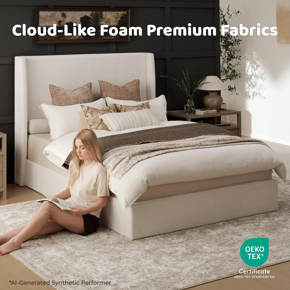 RECCI Queen Bed Frame with 53'' Extra Tall Wingback Headboard, Low Pr...
