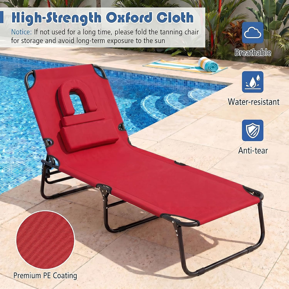 Goplus Tanning Chair, Folding Beach Lounge Chair with Face Hole, Removable Pi...