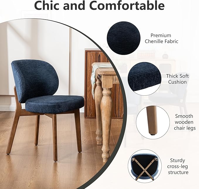 YOUNIKE Dining Chairs Set of 2 Mid Century Modern Kitchen Chair with Back Boucle Fabric Upholstered Armless Chair 20" Wide Padded Seat with Wooden Legs for Kitchen Dining Living Room Bedroom Navy Blue