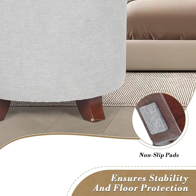 Athena Collection 15 Inch Small Ottoman with Storage, Round Linen Fabric Storage Ottoman Foot Rest with Removable Lid, Multipurpose Footstool Footrest for Living Room, Bedroom, Dorm, Grey