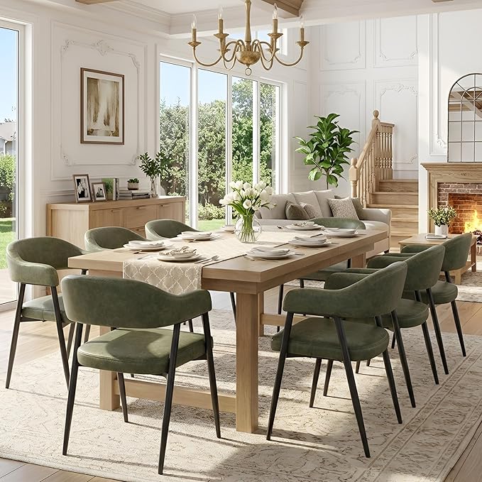 HNY Modern Dining Room Arm Chairs Set of 4, Green Retro Faux Leather Upholstered Barrel Dining Chairs with Arms Mid-Century Accent Chair with Metal Legs, Open-Back Kitchen Side Chairs for Living Room