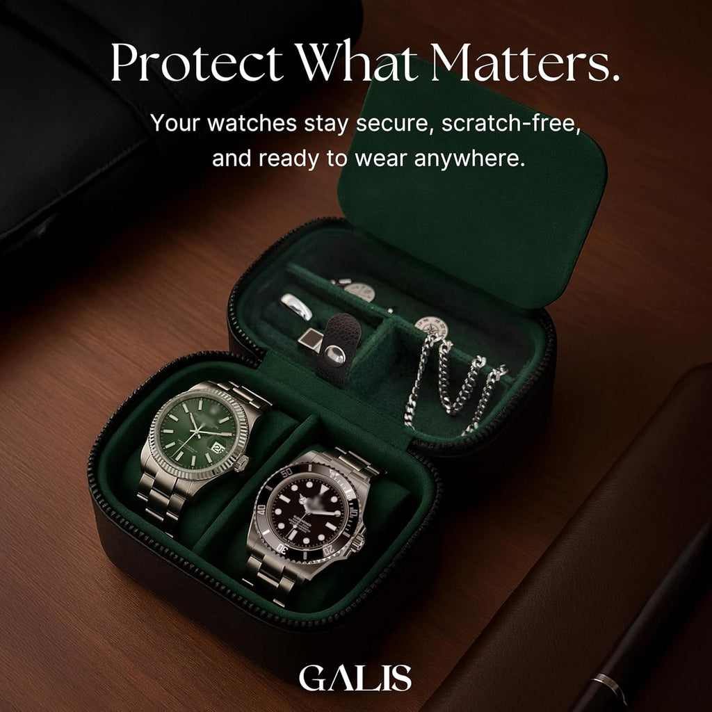 Galis Luxury Watch Travel Case for Men High End Portable 2-Slot Watch Holder and Watch Case, Premium Watch Box for Men, Jewelry Storage Organizer, Gift for Him, Fathers, Husband (Black & Green)