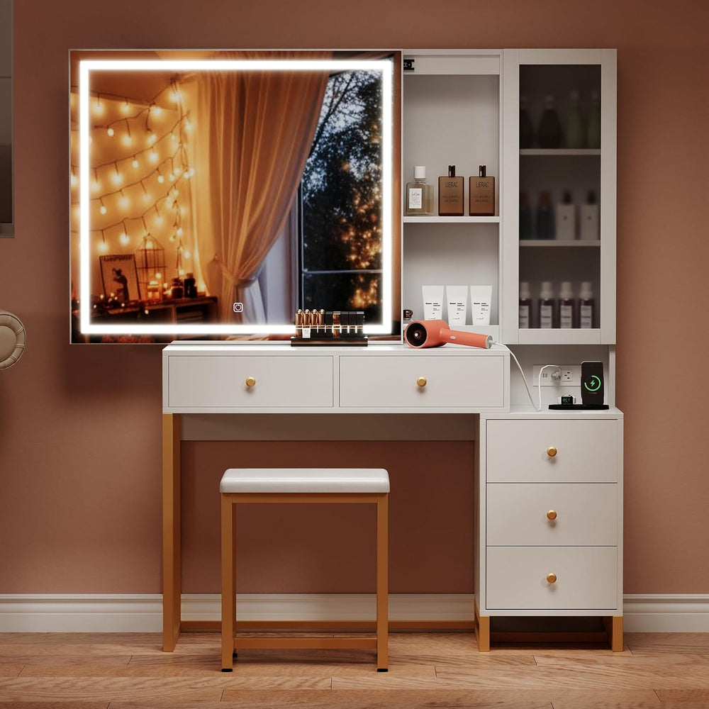 Extra Large Modern Makeup Vanity Table Set with Sliding Lighted Mirror, Charg...