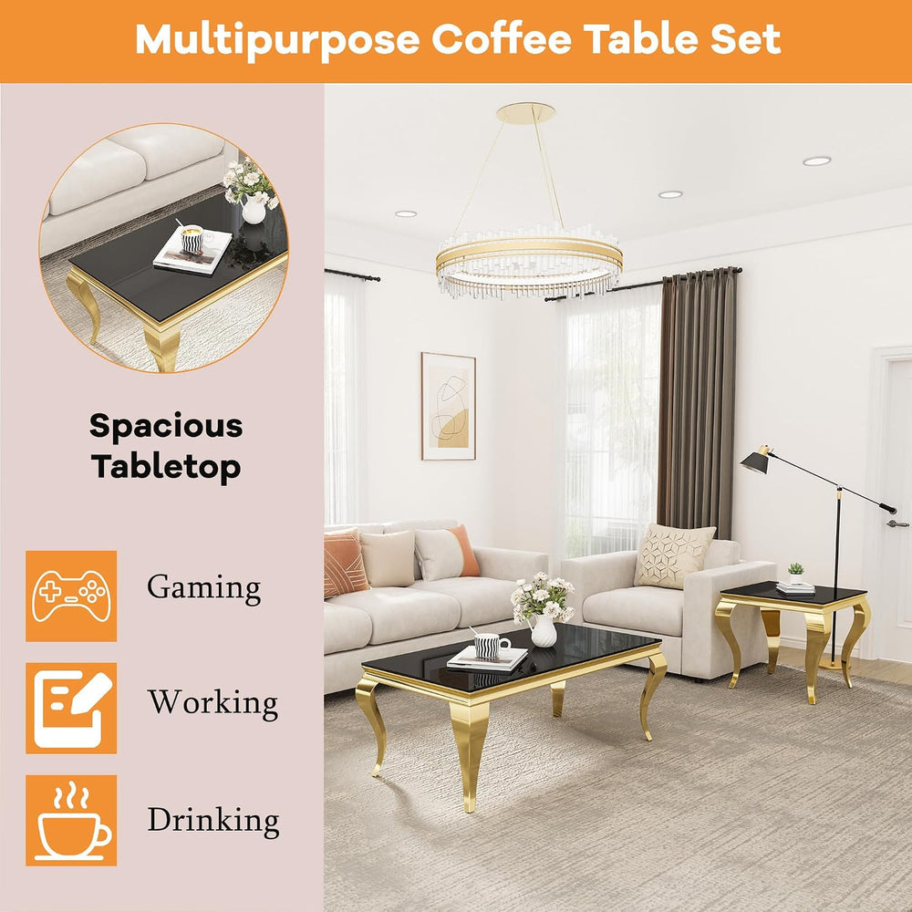 Glass Coffee Table Set of 3, Modern 3 Piece Living Room Set Include 1 Coffee ...