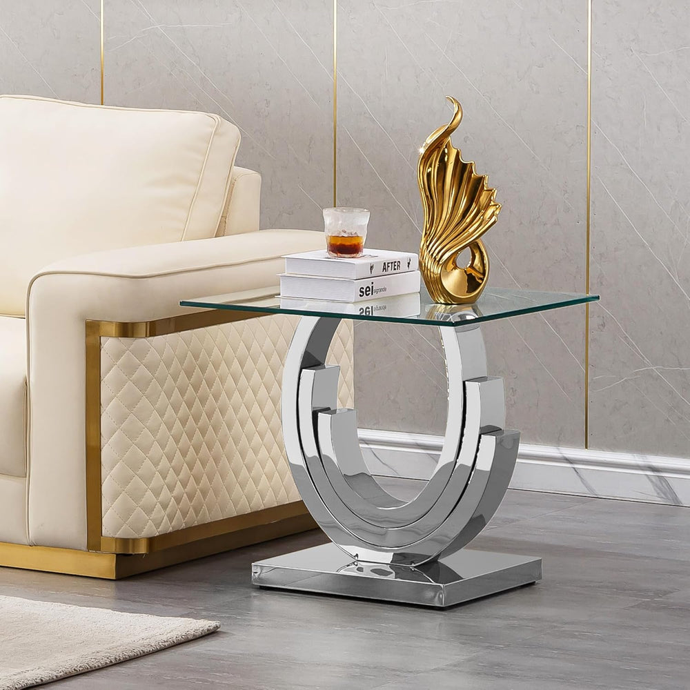 Luxury Glass End Table, 22.8" Sofa Side Table with Silver Ring-Shape Sta...