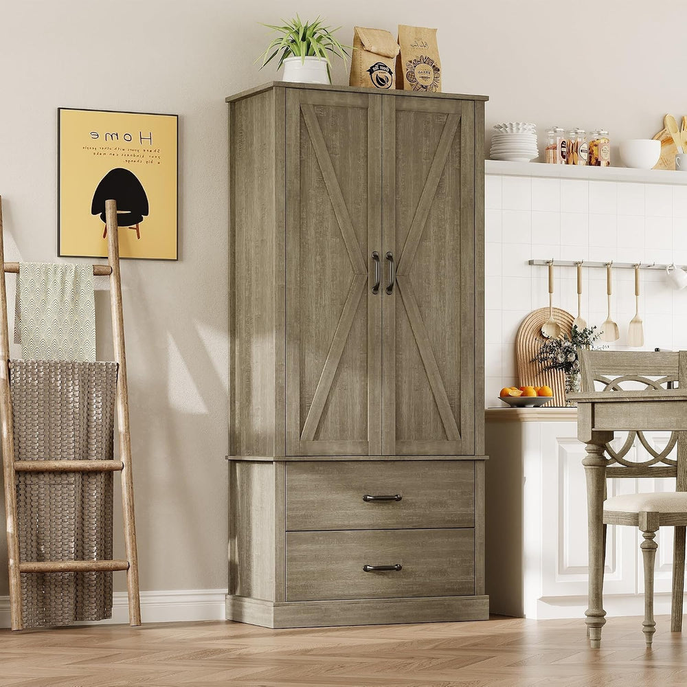 IDEALHOUSE Kitchen Pantry Cabinet, Freestanding Tall Hutch with Barn Doors, D...