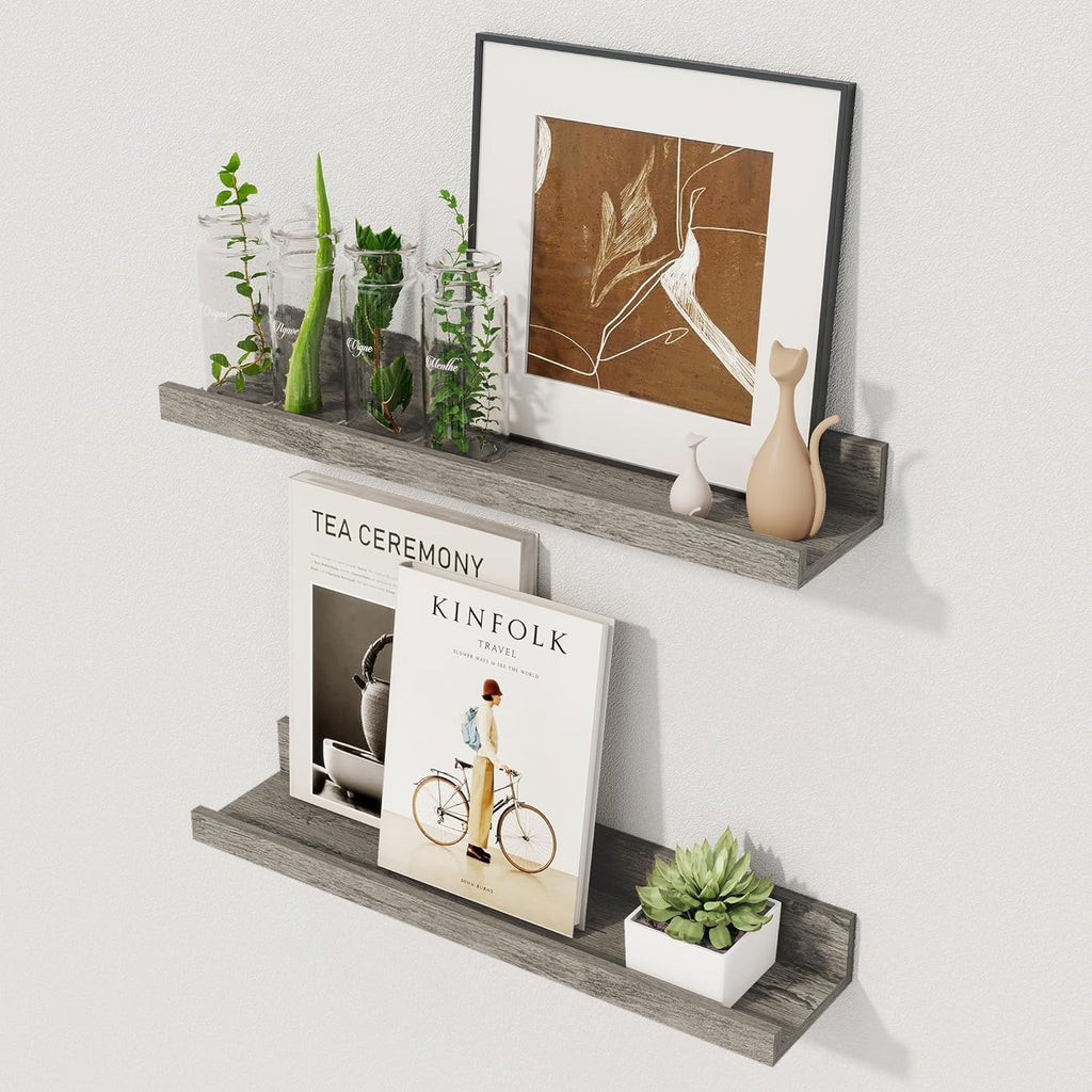Axeman Floating Shelves for Wall | Picture Ledge Shelf Set of 2 | Rustic Grey Picture Shelf for Wall with Ledge | Small Floating Shelves with Lip | Photo Ledge Shelves for Books Album Records