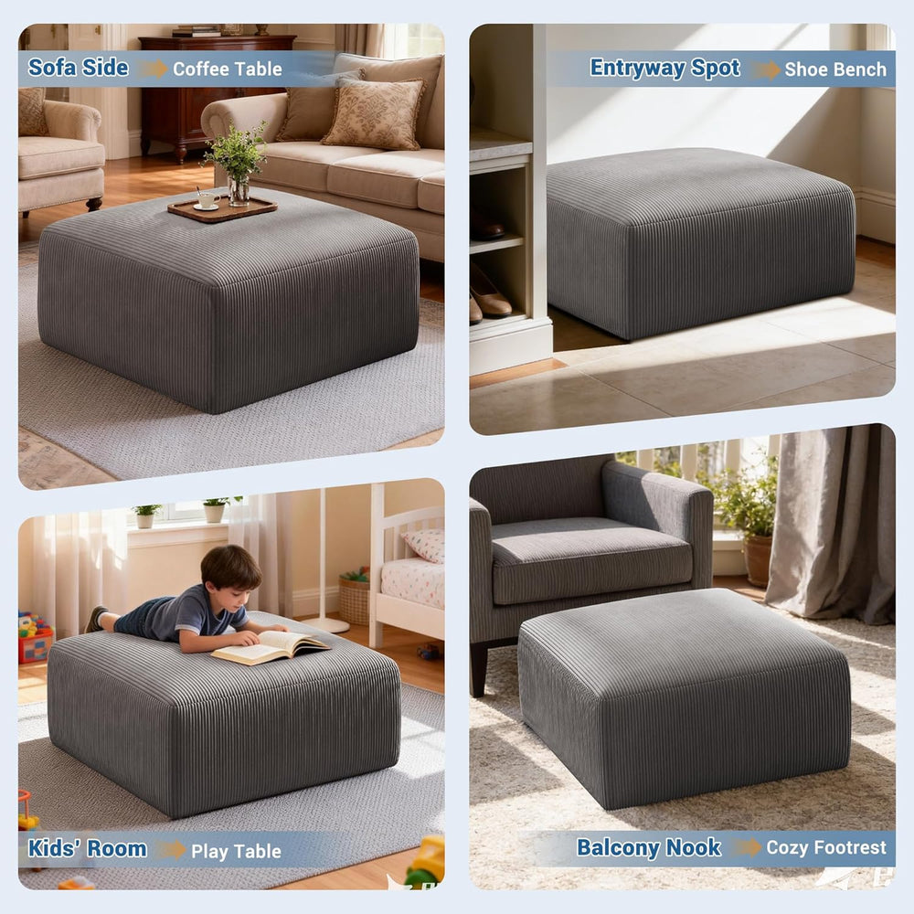 40" Oversized Square Corduroy Ottoman, Large Ottoman Pouf Footstool, Gre...