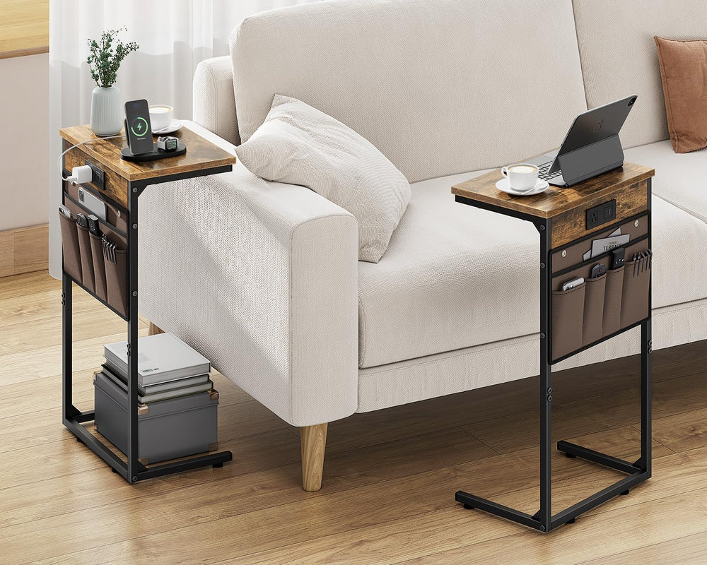 Vagusicc C Shaped End Table with Charging Station, 28" Tall Couch Side T...