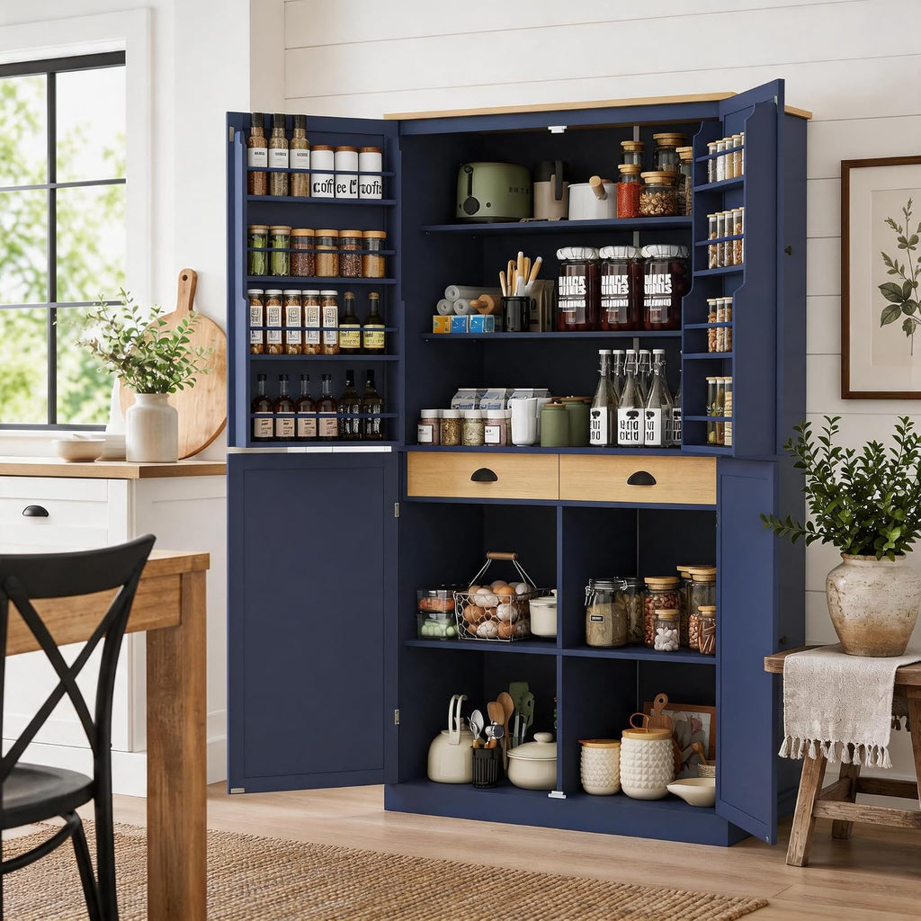 71.3" Kitchen Pantry Cabinet, Freestanding Cupboard, Blue | Painted MDF, 8 door shelves, 2 adjustable shelves, 2 slide-out compartments, anti-tip kits, 40.2"L x 20"W x 71.3"H