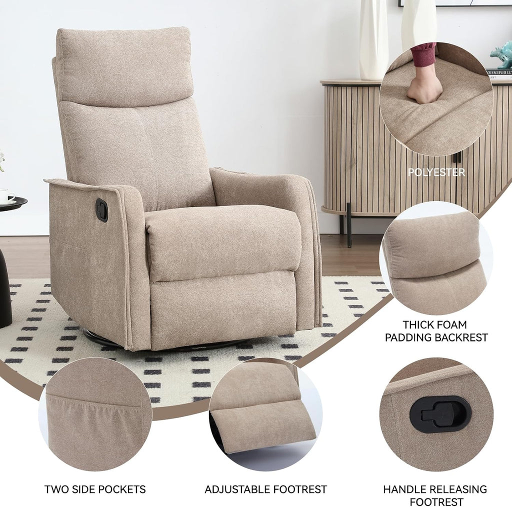 Anwick 360° Swivel Rocker Recliner Chair with Heat and Massage, Manual Upholstered Recliner for Small Spaces, Fabric Glider Nursery Chair with Side Pockets for Living Room (Khaki)