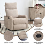 Anwick 360° Swivel Rocker Recliner Chair with Heat and Massage, Manual Upholstered Recliner for Small Spaces, Fabric Glider Nursery Chair with Side Pockets for Living Room (Khaki)