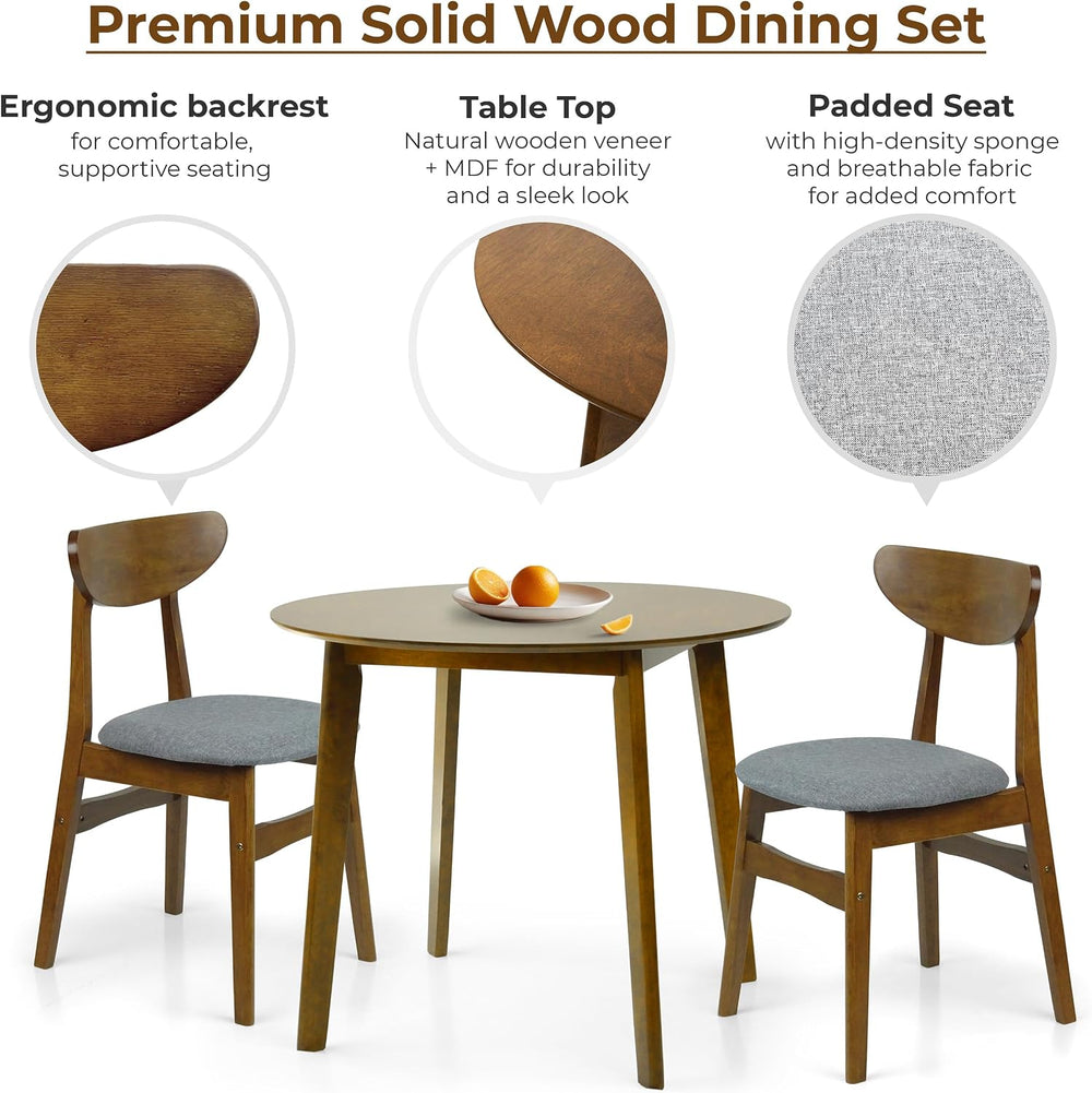 Set of 3 Dining Kitchen Round Table and 2 Yumiko Side Chairs Solid Wood w/Pad...