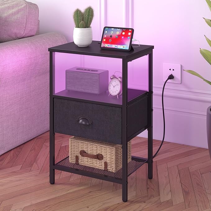 Sthmec Nightstands Set of 2, LED Bedside Tables with Charging Station and Fab...