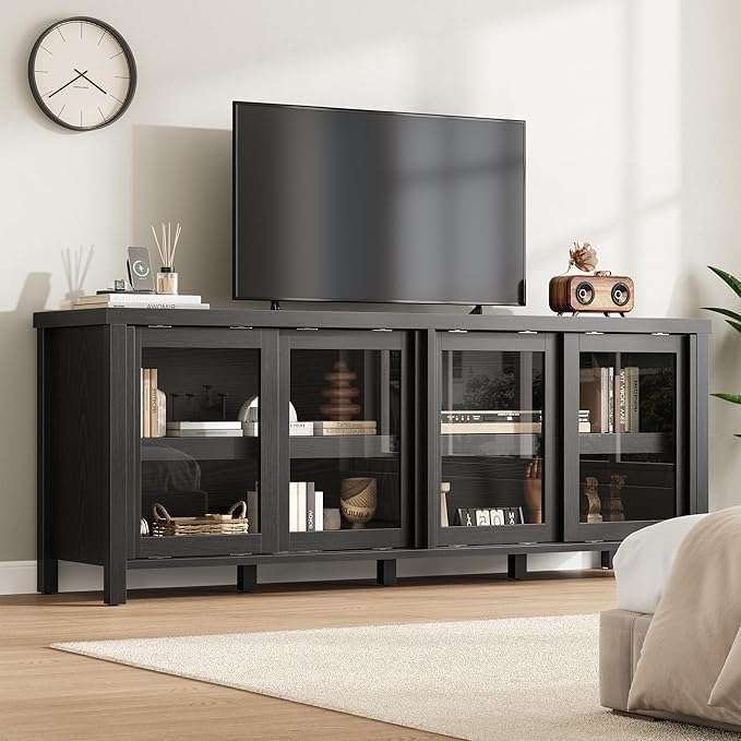 GAOMON TV Stand for 65" with Entertainment Center, Storage Cabinet, 4 Sliding Glass Doors, Mid Century Modern Media TV Console Table for Living Room Bedroom, Black