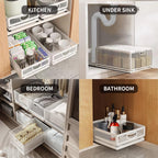Sliding Cabinet Basket Organizer Drawer Self Adhesive Slide out Pantry Shelves Heavy Duty Carbon Steel Slide Cabinet Storage Basket with Handle for Bathroom Kitchen Home