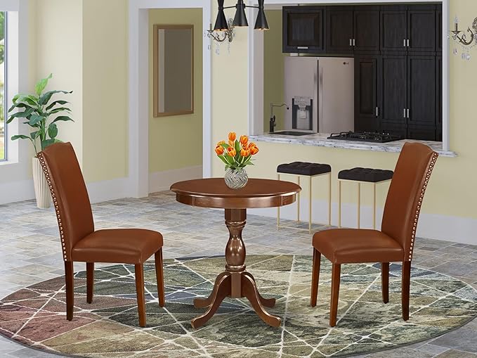 East West Furniture ESEN3-MAH-66 3 Piece Kitchen Table Set Contains a Round Dining Table and 2 Brown Faux Faux Leather Upholstered Chairs, 30x30 Inch, Mahogany
