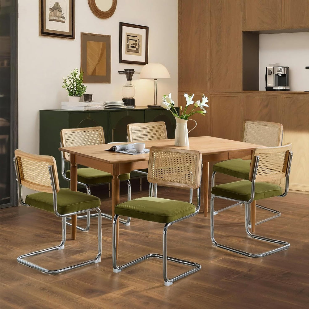 Velvet Dining Chairs Set of 6 Handwoven Rattan Back Upholstered Seat&Chro...